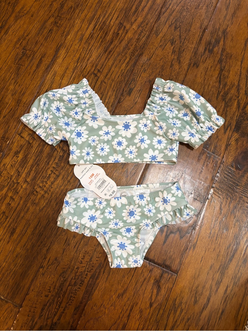 wonder nation Sage Green Floral Puff-Sleeve Two-Piece Swim Set